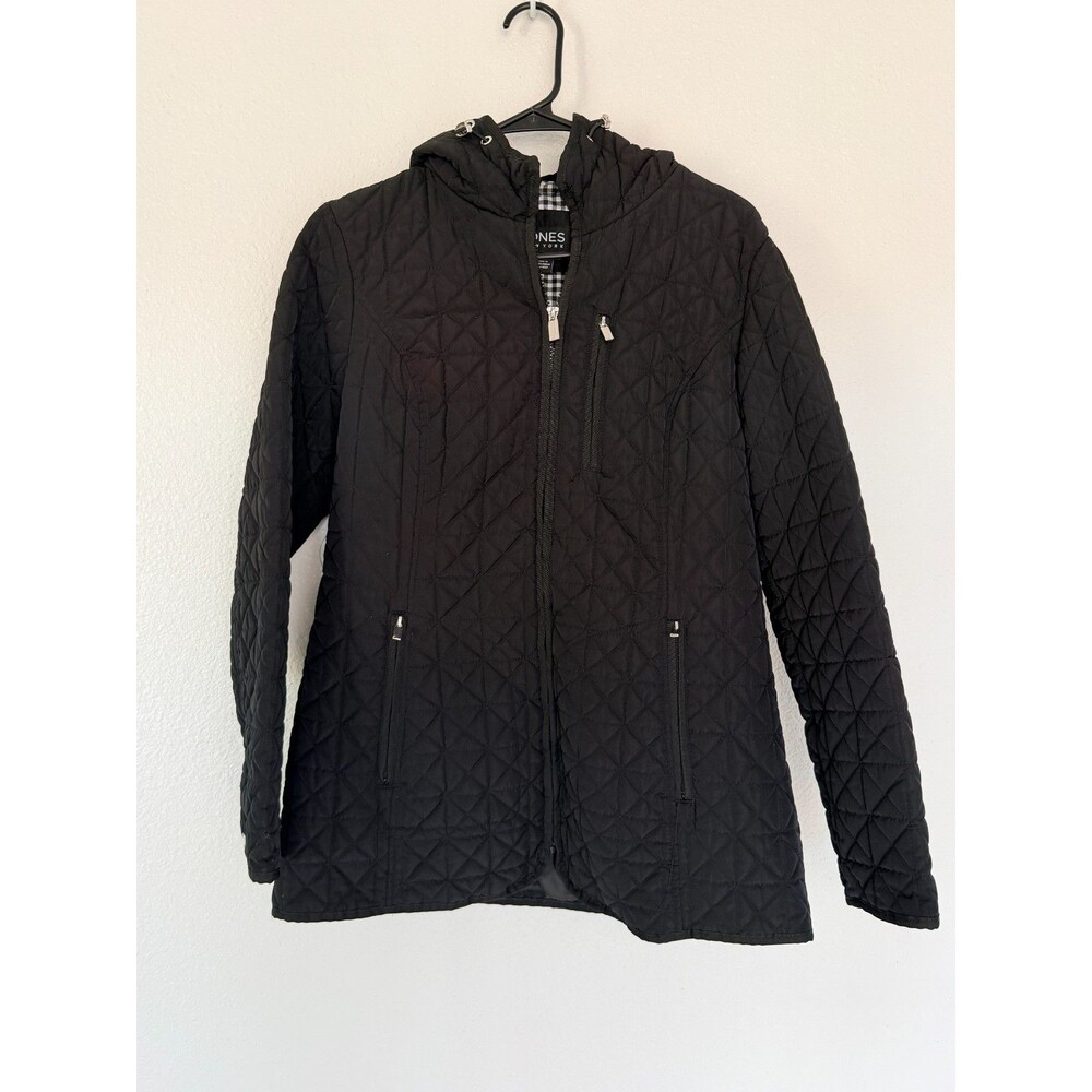 Jones NY Womens Black Quilted Hooded Jacket - Size M